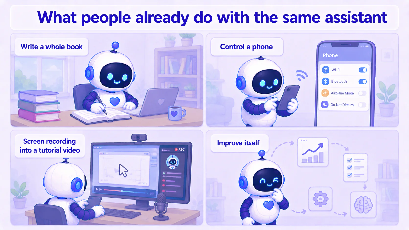 Four things the same assistant can do: author a book, control a phone, turn a screen recording into a tutorial, and improve itself