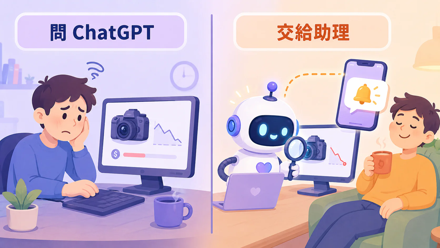 同一件事兩種結果：問 ChatGPT，提醒留在 ChatGPT 自己那套流程裡；交給自己的助理，它每天幫你查、一降價就傳到你的 Telegram