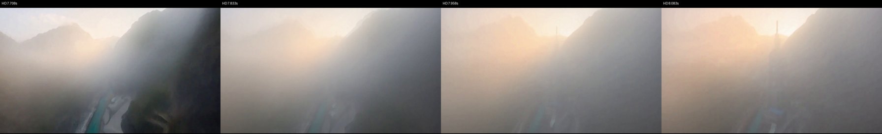 The Taroko-to-101 seam frame by frame, 7.71 s to 8.08 s: fog swallows the gorge, then the 101 spire comes out of it
