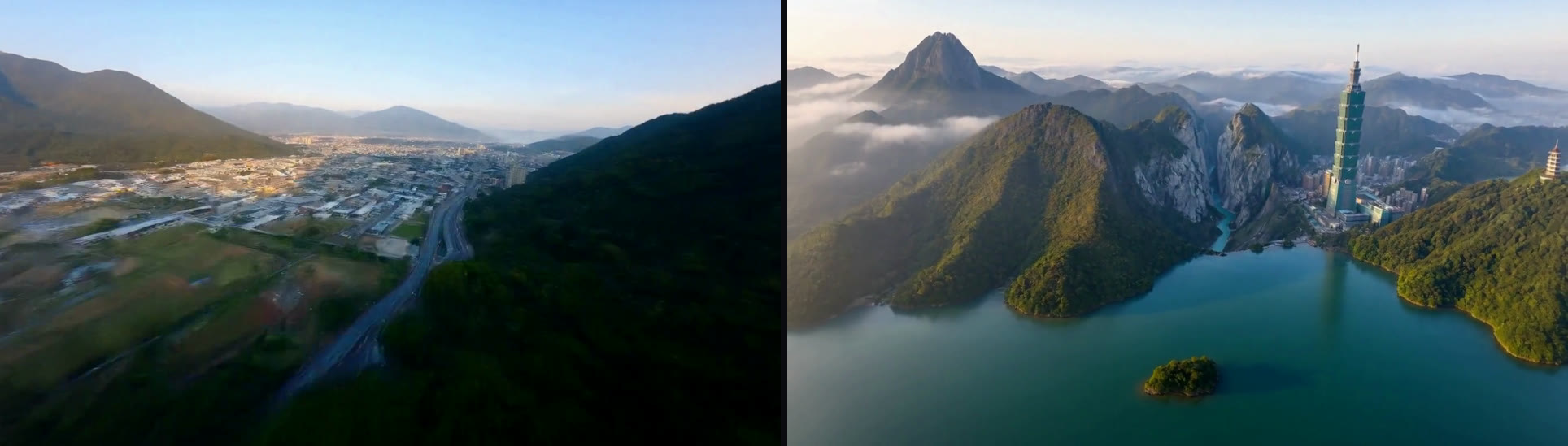 Side-by-side of the closing panorama: on the left the old ending with generic hills and a city, on the right the redone ending with all four landmarks in frame.