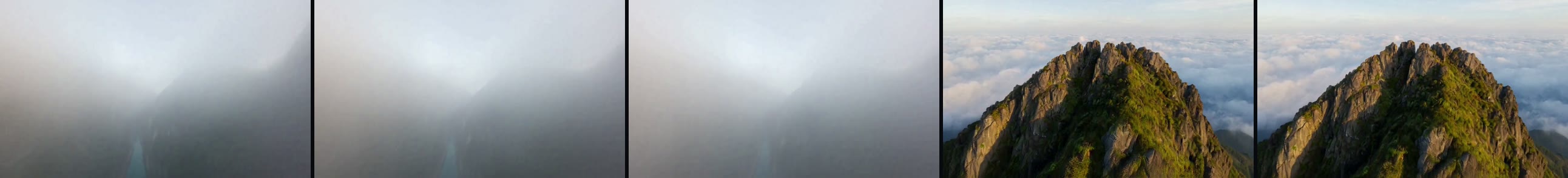 Two adjacent frames at the failed seam of the smoke test: frame 123 shows a foggy gorge and frame 124 jumps back to a sunny summit, because chunk 2 restarted the story.