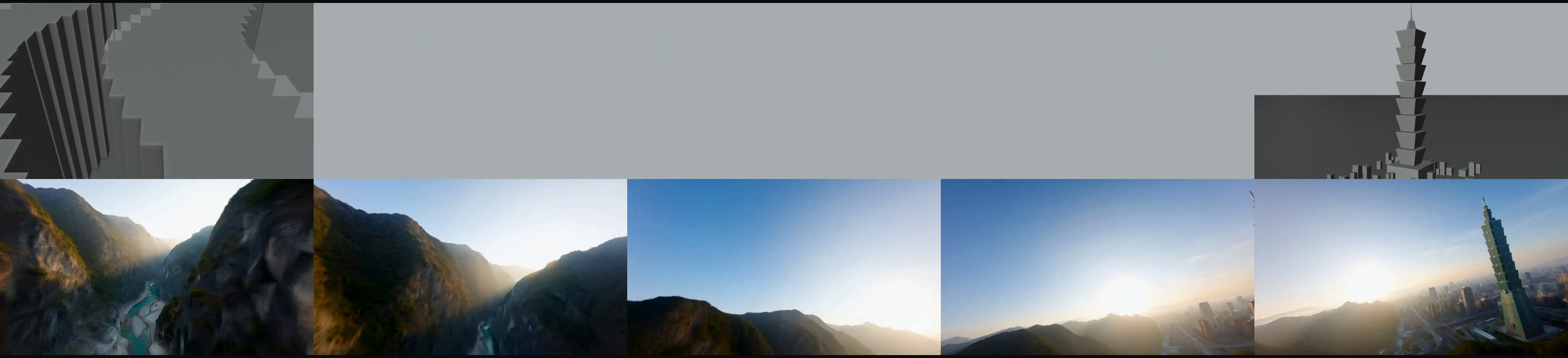 Five frames of one turn, with the blockout on the top row and the H3 result on the bottom row: the turn starts, a quarter of the way through, the sky-only midpoint where the chunk switches, three quarters, and the next landmark revealed.