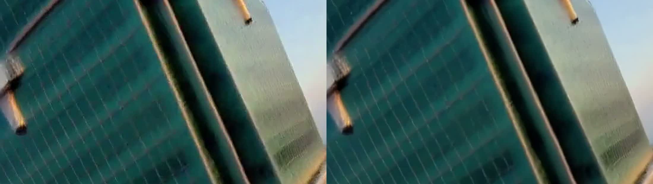A 100% crop of the Taipei 101 facade. Left: 1344×768 upscaled with lanczos. Right: RTX VSR