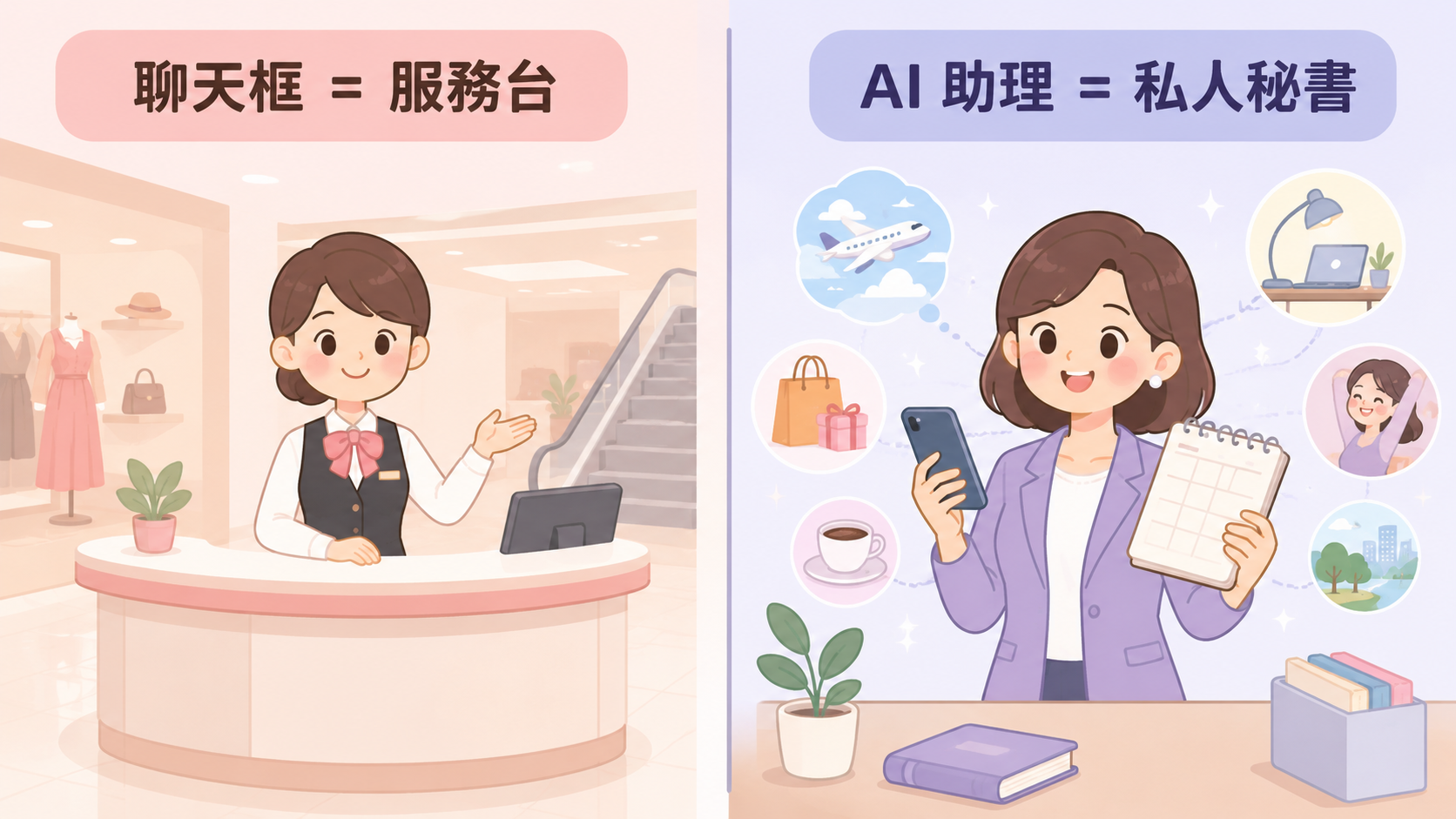 對照插畫:聊天框像百貨公司服務台、只能在櫃台回答;AI 助理像私人秘書,記得你、會主動幫你把事辦好