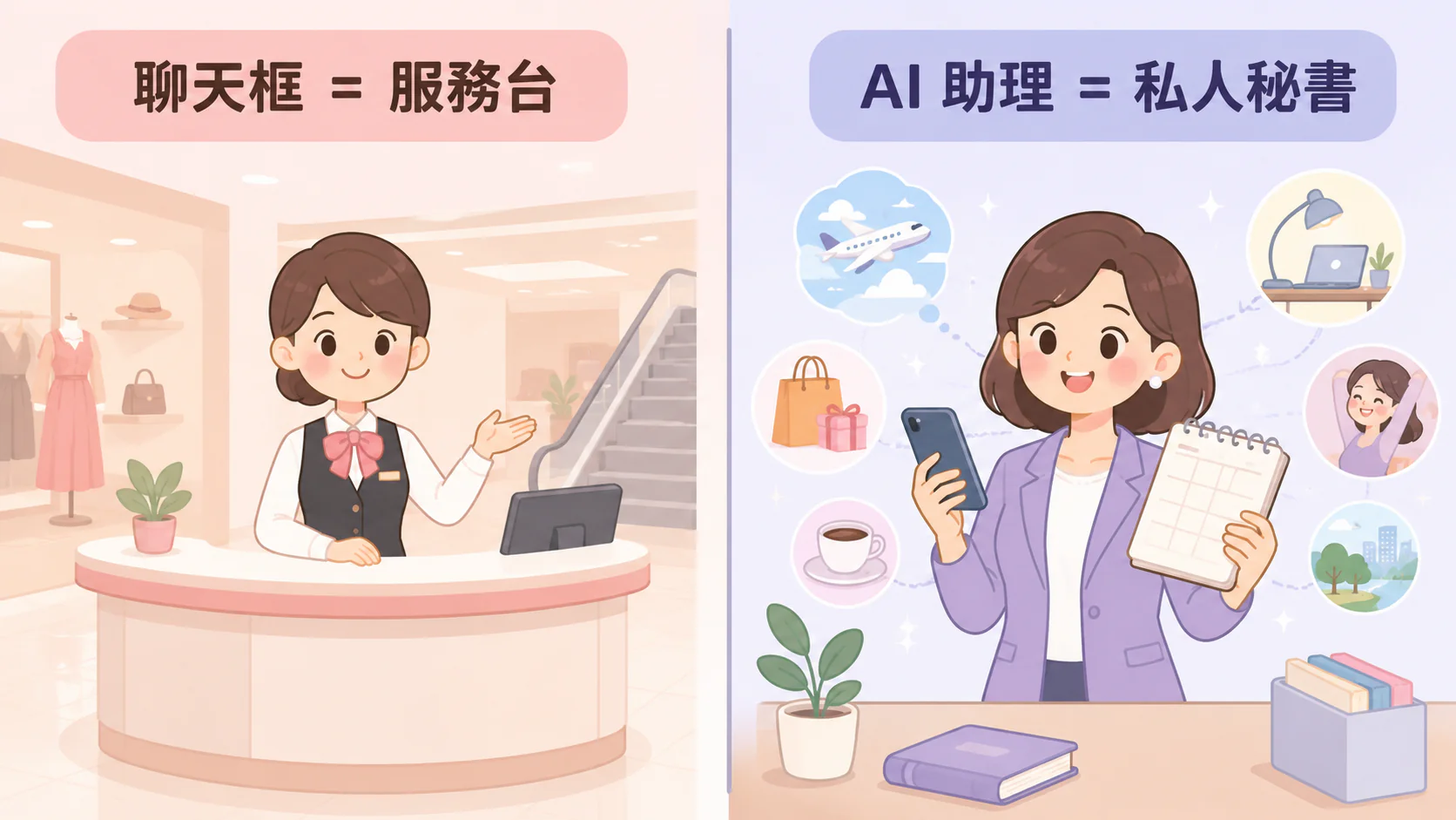 對照插畫：聊天框像百貨公司服務台、只能在櫃台回答；AI 助理像私人秘書，記得你、會主動幫你把事辦好