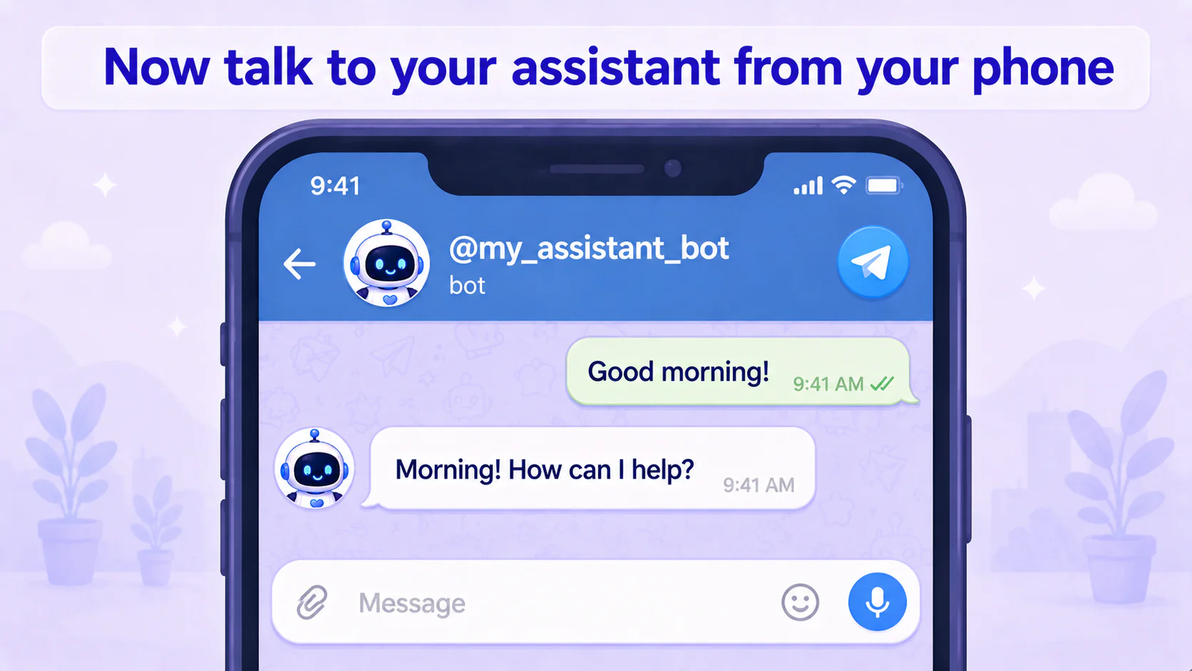 Illustration: searching for your own bot in the phone Telegram app, sending a message, and the assistant replying normally
