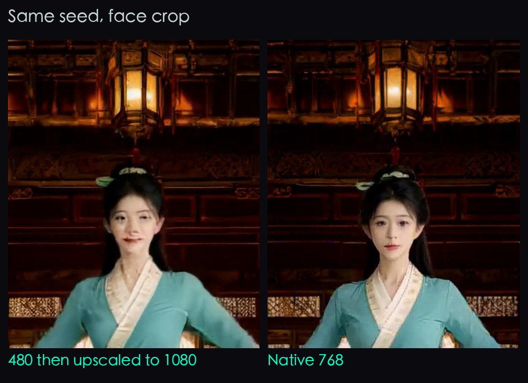 The same face from the same seed: the 480 render upscaled to 1080 by 1944 is still soft, and the native 768 by 1376 render shows a clearer face.