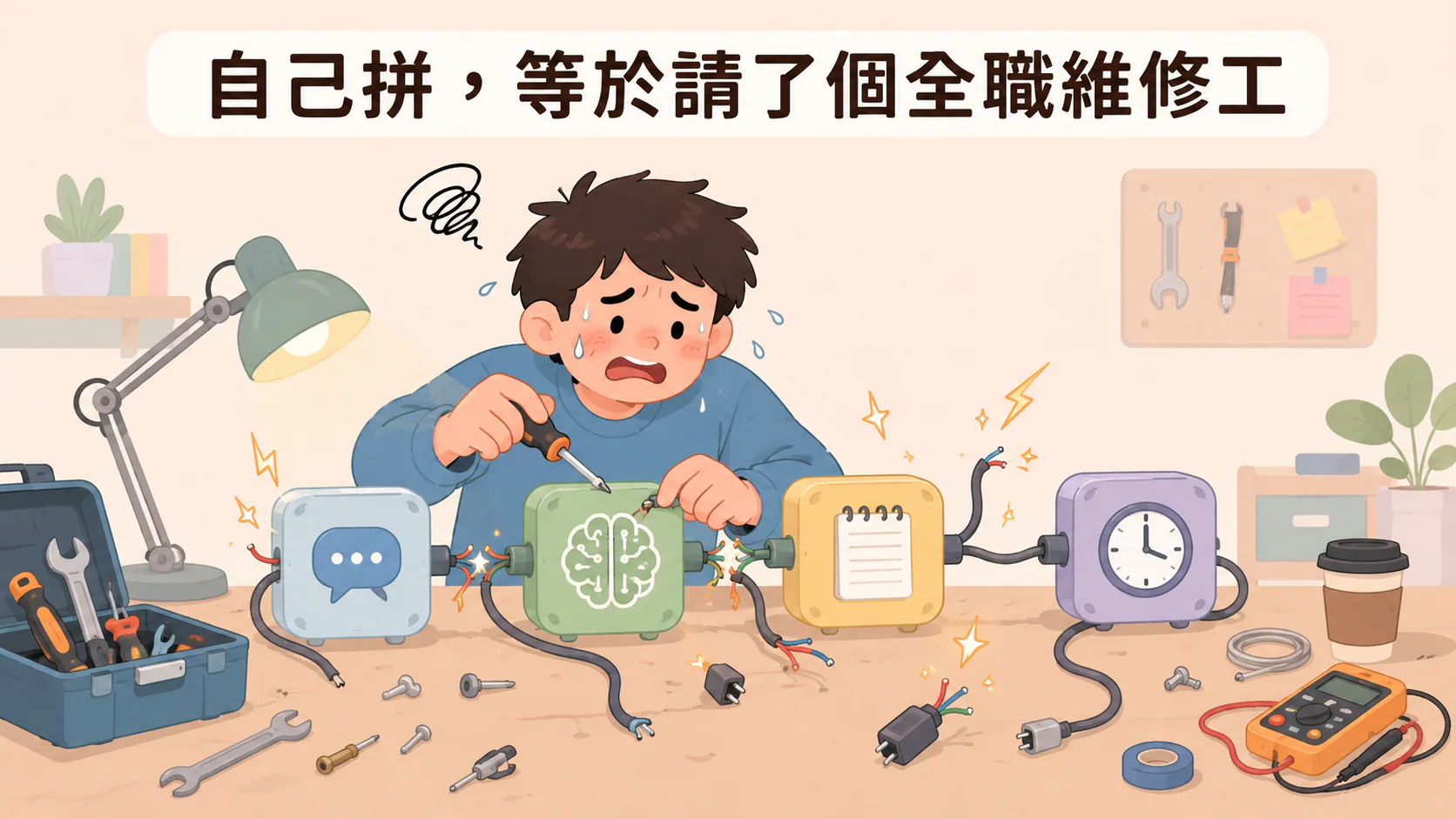 插畫：一個人焦頭爛額地修一條由訊息、AI 大腦、記事本、時鐘等小方塊串起來的鏈子，有些連接線在冒火花——自己拼程式就像請了個全職維修工
