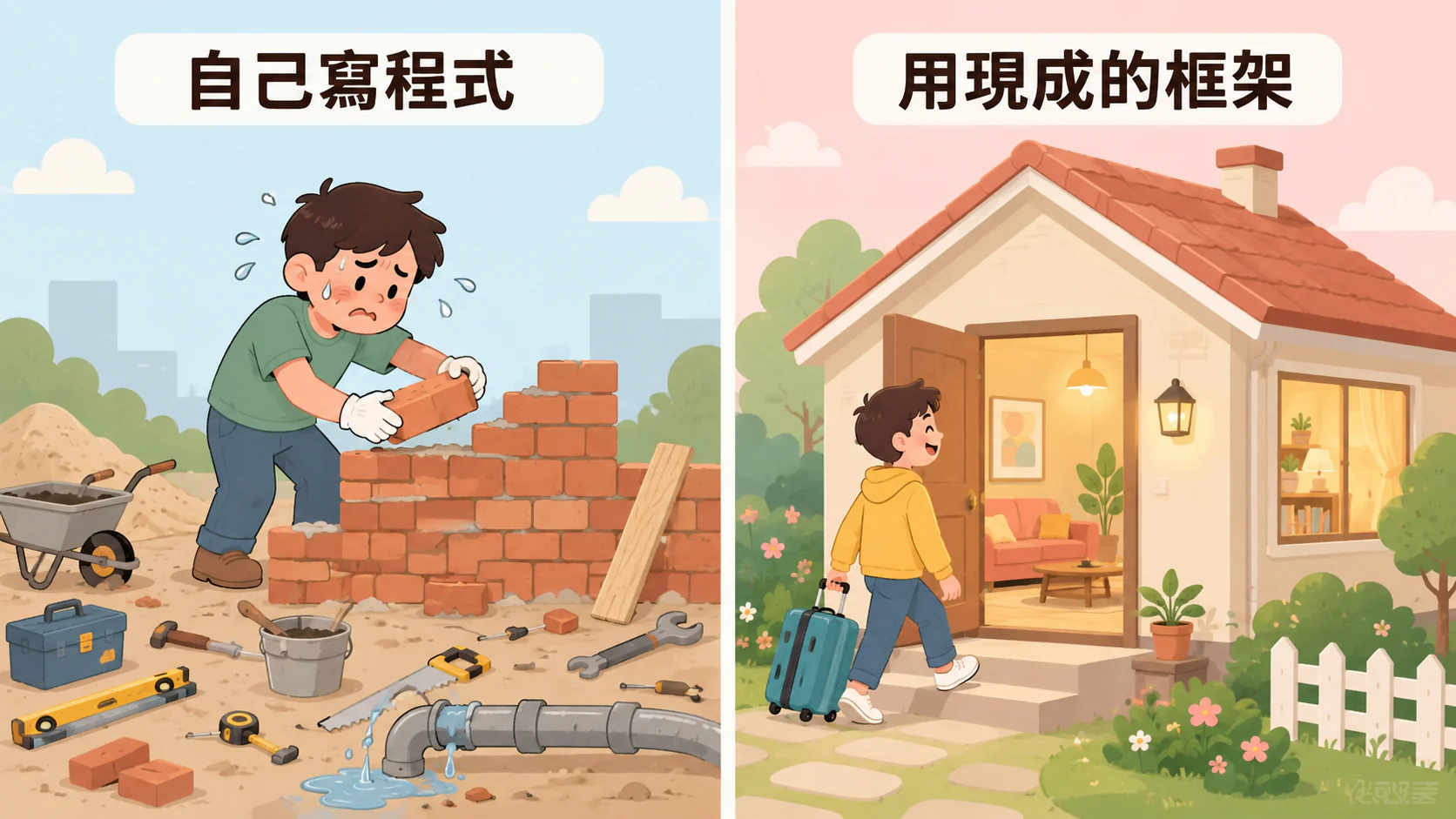 對照插畫：自己寫程式像辛苦地一磚一瓦蓋房子、旁邊還有漏水的水管；用現成的框架像直接拎著行李搬進一棟蓋好、家具齊全的房子