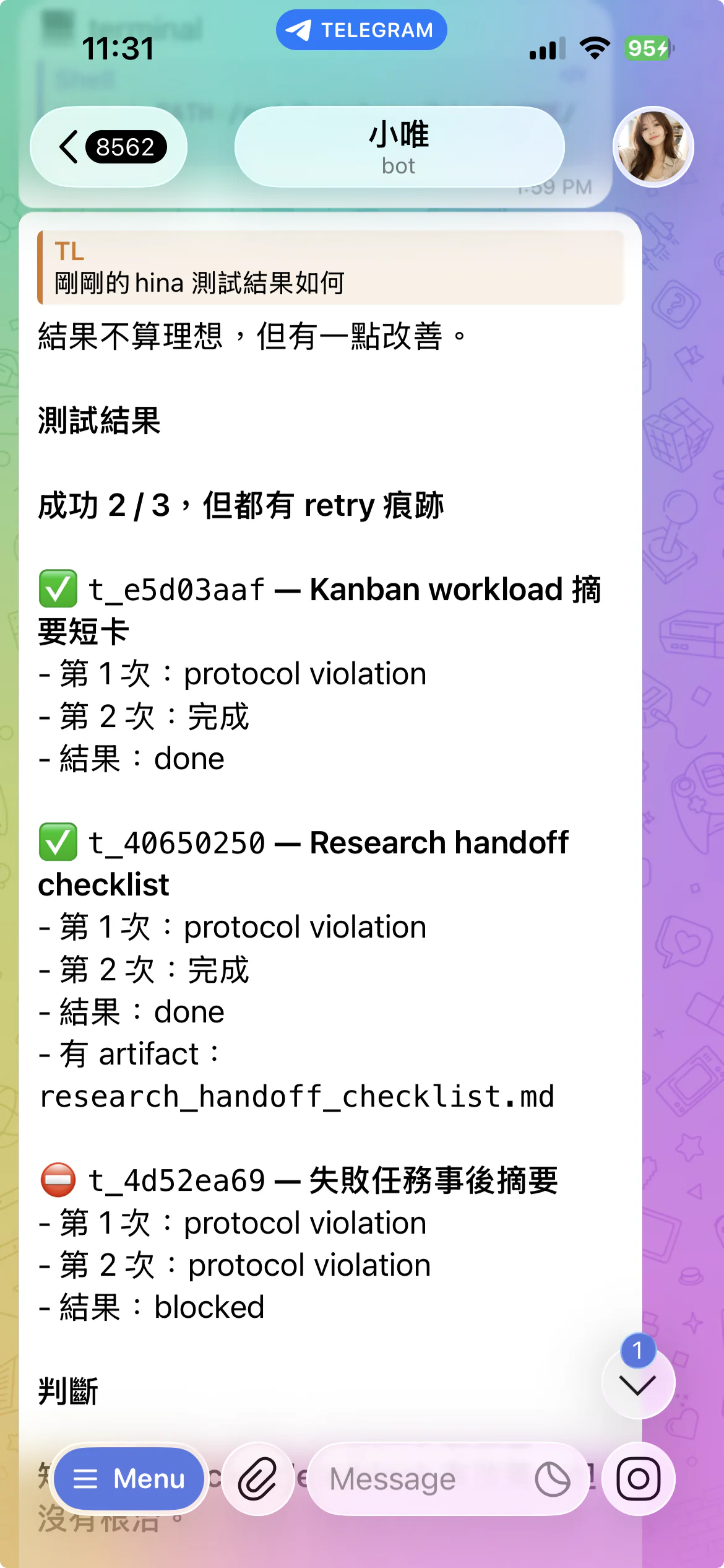 Gemma-era Hina: the same kanban dispatch test — all three cards hit a first-pass protocol violation, two scraped through on retry, one ended blocked