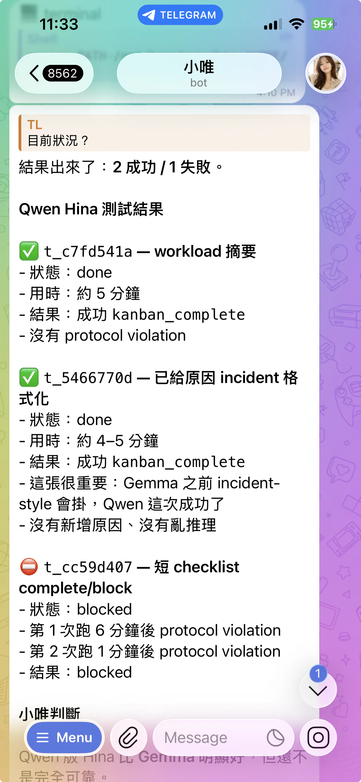 Qwen-26B Hina: the same kanban dispatch test — two clean one-pass wins (no protocol violation), one short checklist blocked (went through after a prompt fix)