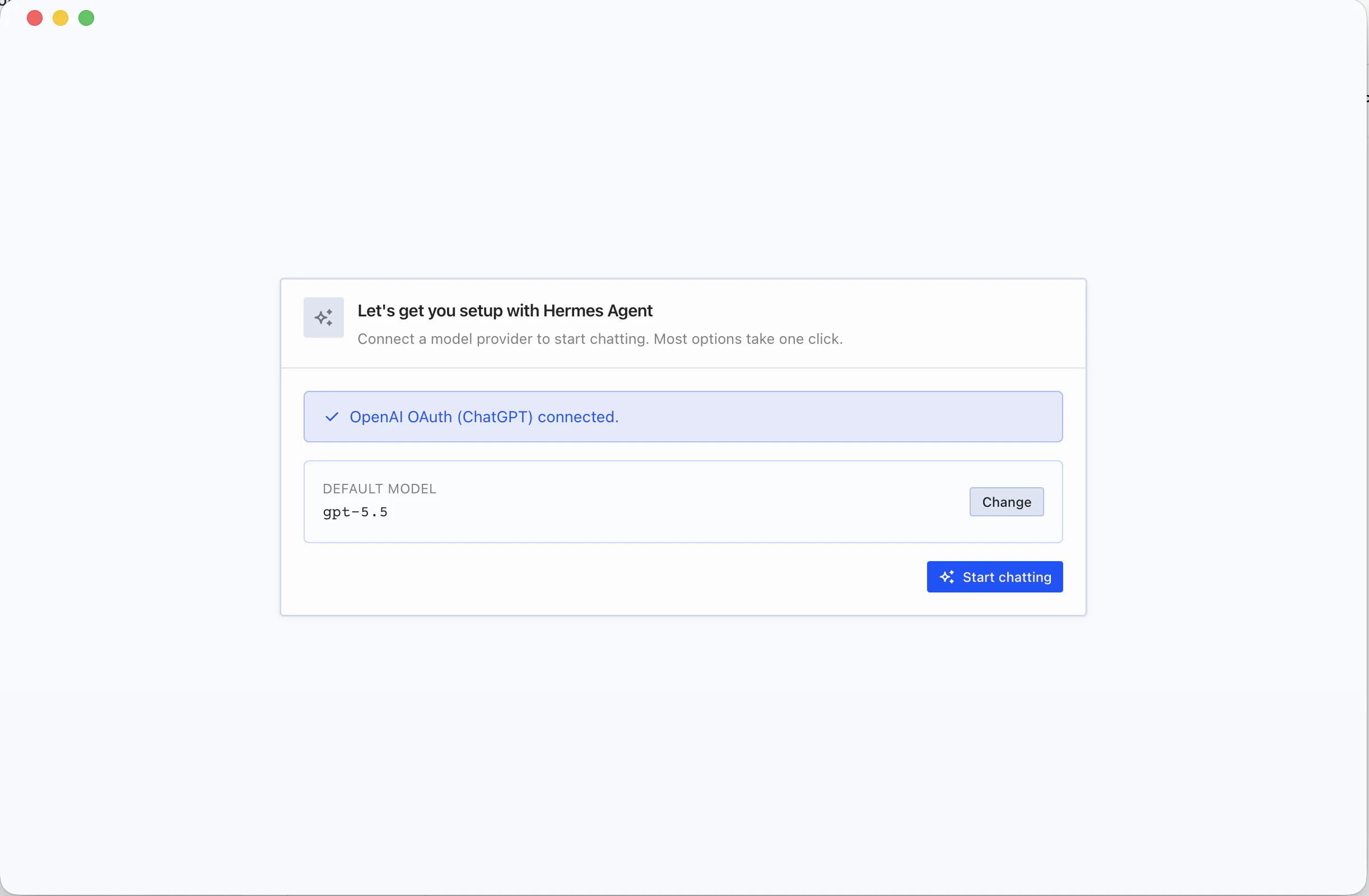 Hermes showing OpenAI OAuth (ChatGPT) connected, default model gpt-5.5, with a Start chatting button