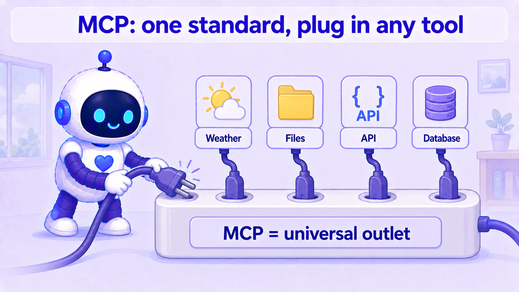 MCP = universal outlet: a power strip with several tools plugged in (weather, file reading, API calls, database queries); the assistant just plugs into the strip and gets all of them
