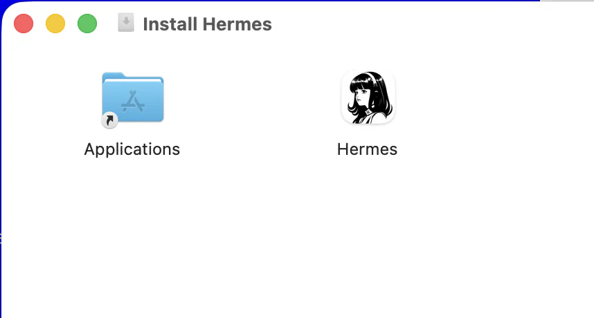 The Mac .dmg install screen: drag the Hermes icon into the Applications folder