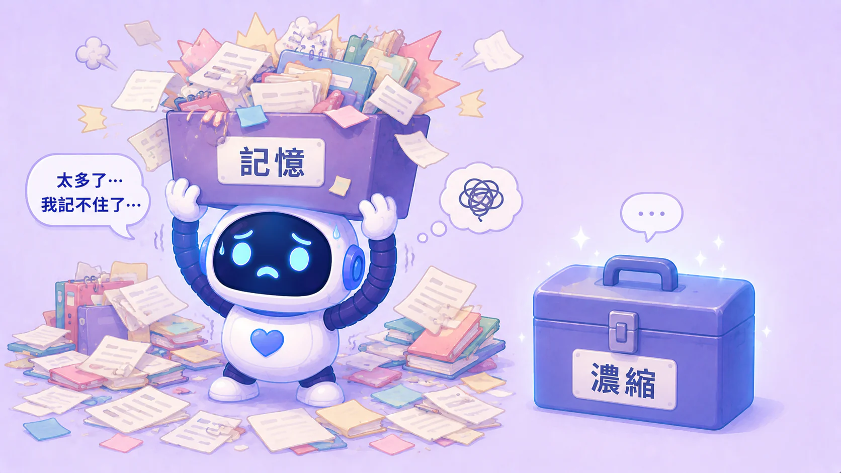 一個機器人助理頭上頂著滿出來的記憶箱子，紙張掉了一地，表情困惑，旁邊一個還沒打開的「濃縮」工具靜靜躺著沒運作