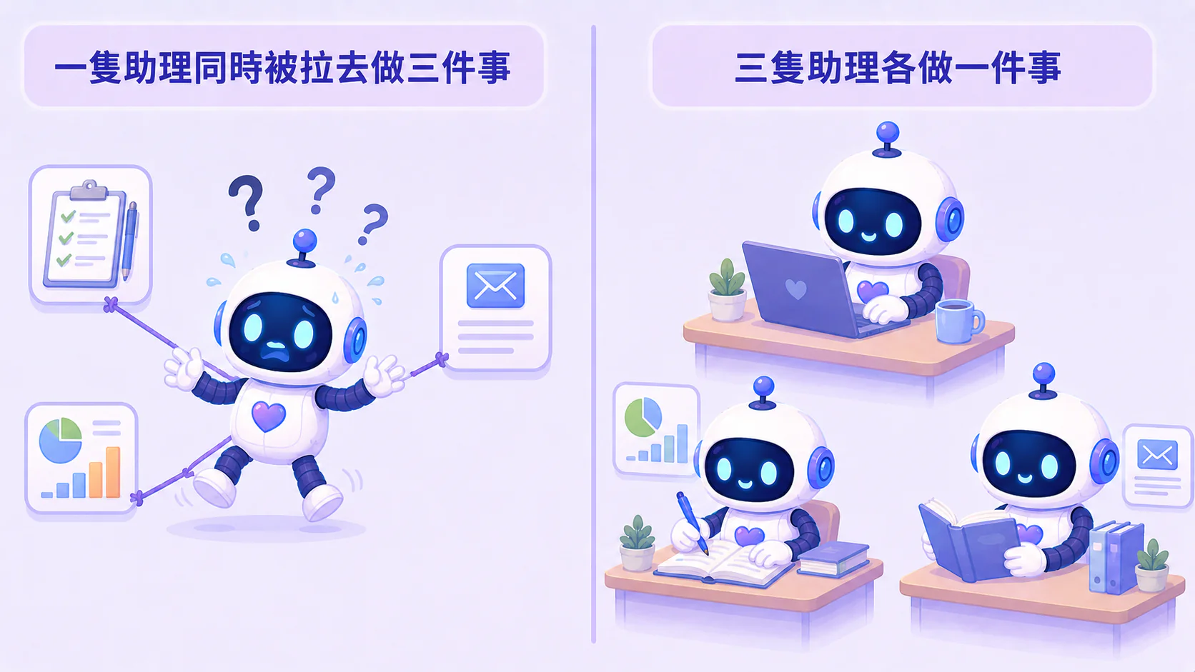 對照圖：左邊一隻小機器人被拉去同時做三件事，頭上冒問號很混亂；右邊三隻小機器人各做一件事，各自從容