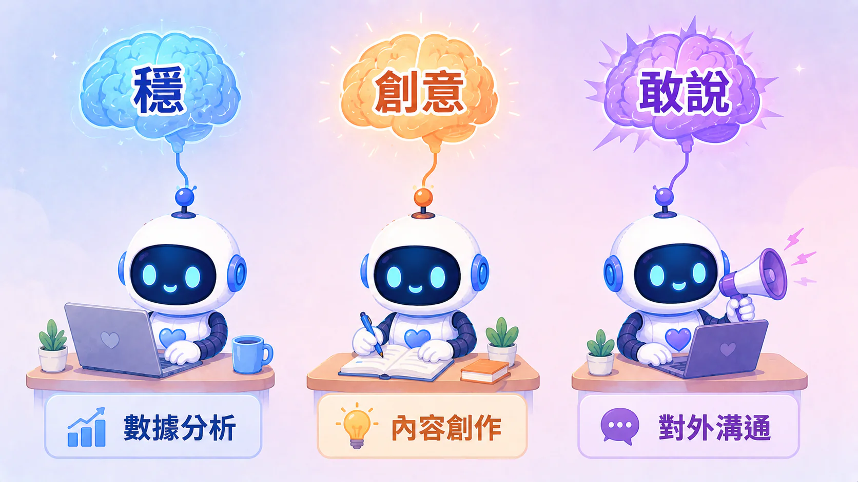 三隻小機器人各自頭上連到不同形狀的腦：一顆冷色調的「穩」、一顆暖色調的「創意」、一顆銳利的「敢說」，標示各接不同任務