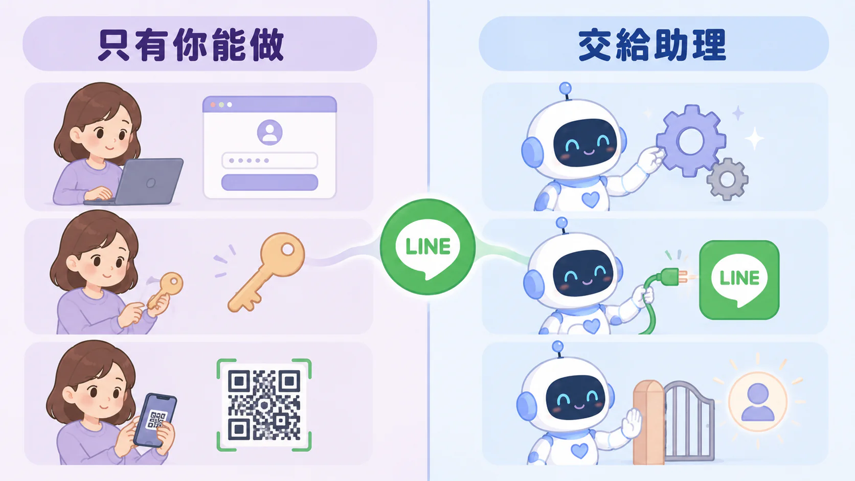 分工圖：只有你能做的（登入、複製鑰匙、掃 QR）vs 交給助理的（改設定、接上 LINE、設白名單）