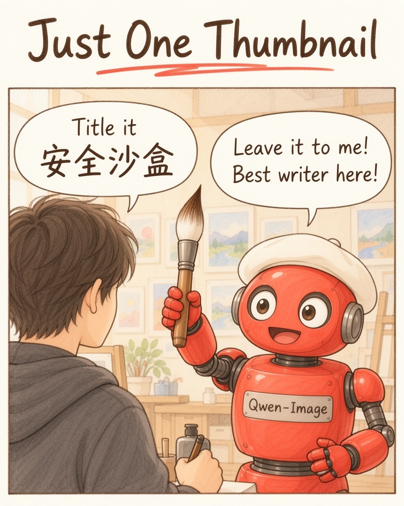 Just One Thumbnail: the author asks the red Qwen-Image robot to letter 安全沙盒; it says it is the best writer here