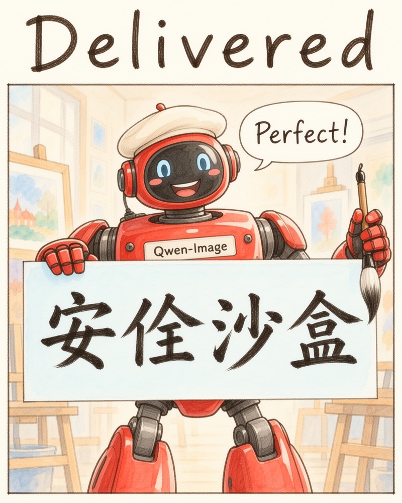Delivered: the red robot holds up a sign reading 安佺沙盒, with an extra stroke, and says Perfect!