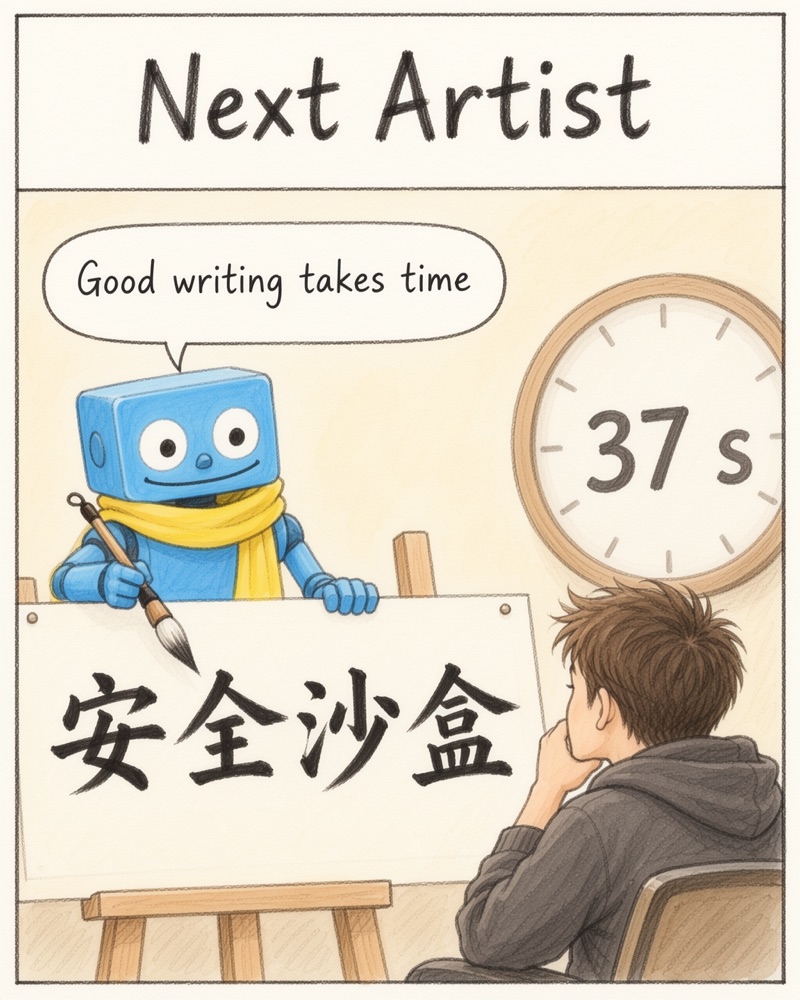 Next Artist: the blue MOSS robot writes 安全沙盒 correctly while a wall clock shows 37 s