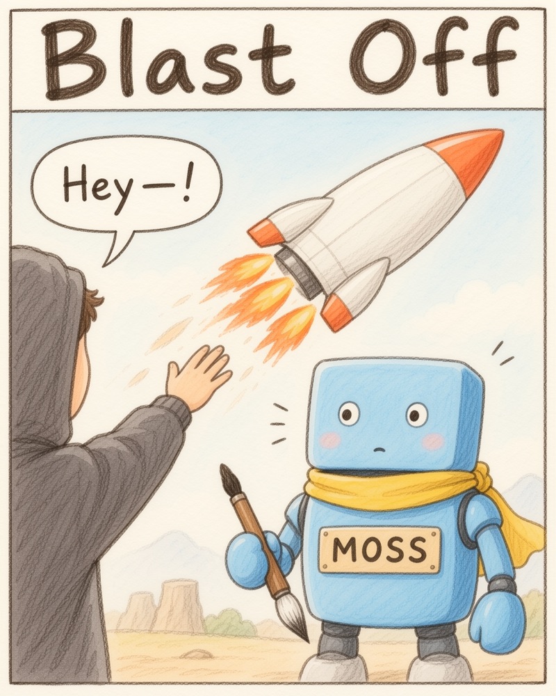 Blast Off: the rocket flies away on its own and the author shouts Hey—!