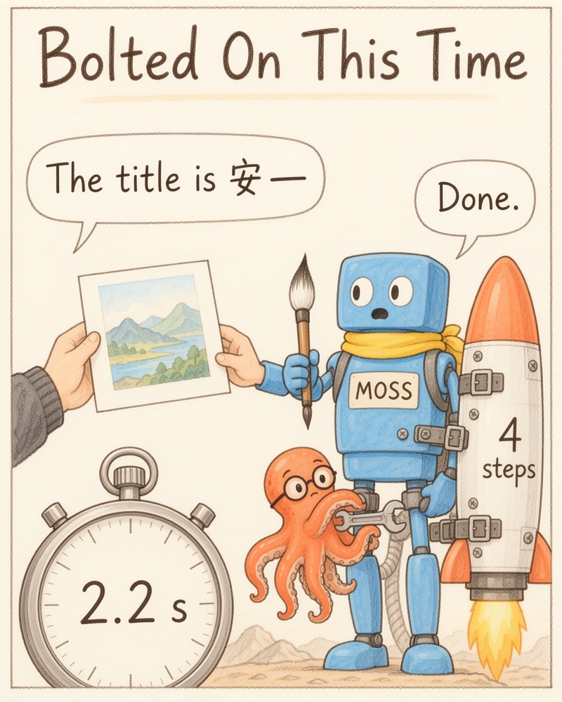 Bolted On This Time: the octopus bolts the rocket on; MOSS finishes before the author ends the sentence; stopwatch 2.2 s