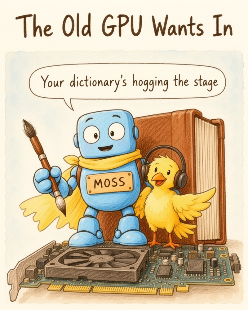 The Old GPU Wants In: MOSS and a headphone-wearing bird squeeze onto an old graphics card stage with a huge dictionary