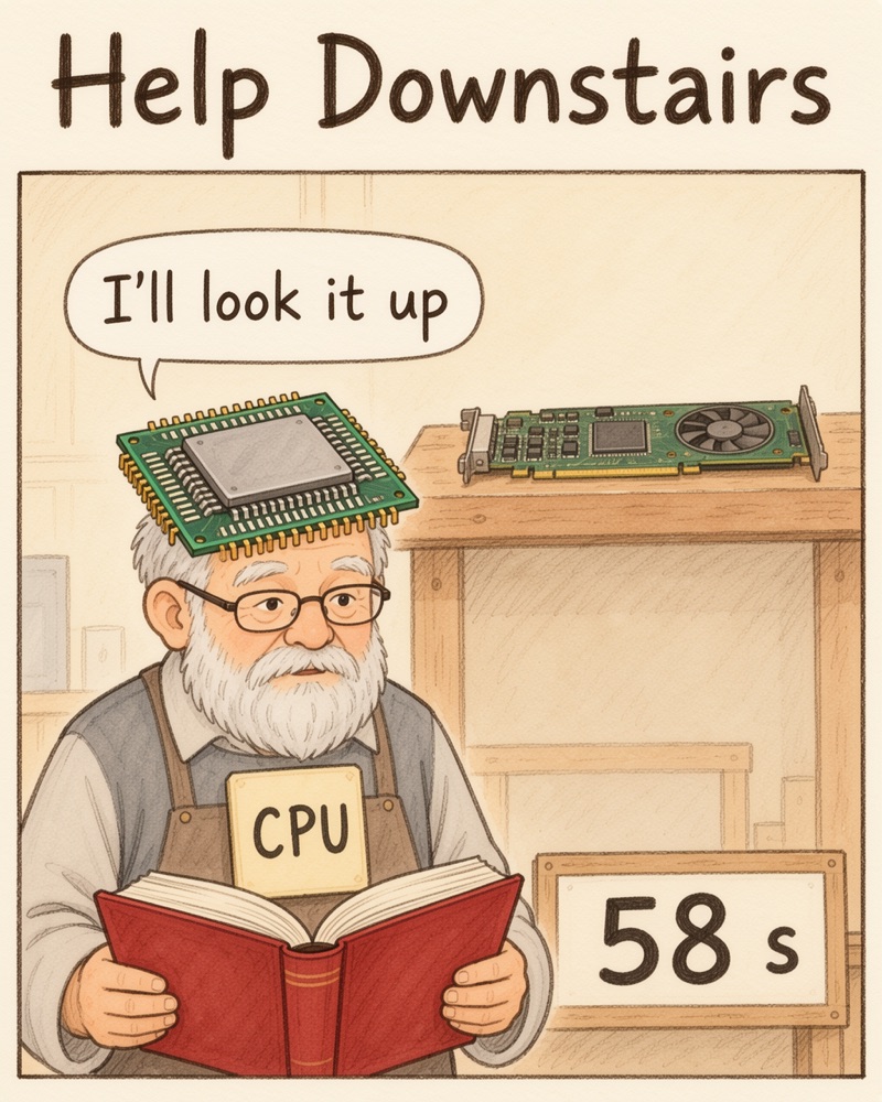 Help Downstairs: an old man wearing a CPU chip hat looks words up; the timer reads 58 s