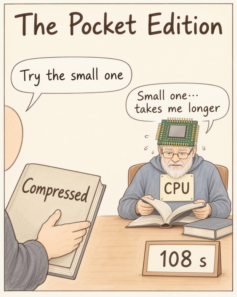 The Pocket Edition: the author offers a Compressed book; the CPU grandpa sweats and the timer reads 108 s