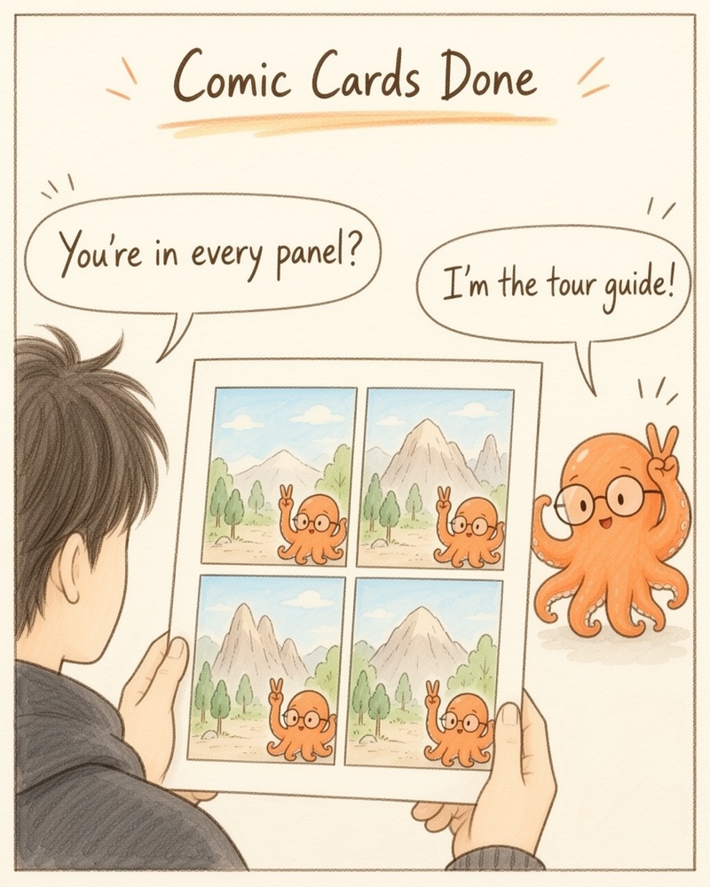 Comic Cards Done: the octopus waves from every panel of the finished comic and says I'm the tour guide!
