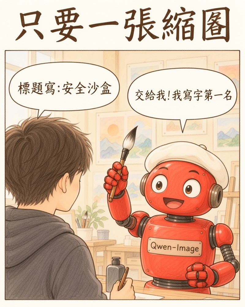 只要一張縮圖:作者請紅色機器人 Qwen-Image 寫「安全沙盒」,它說自己寫字第一名