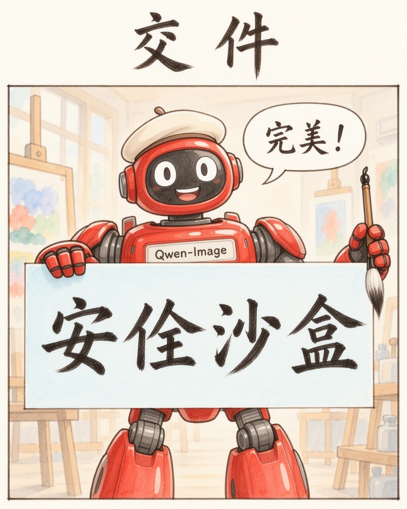 交件:紅色機器人舉起寫成「安佺沙盒」的縮圖,說完美