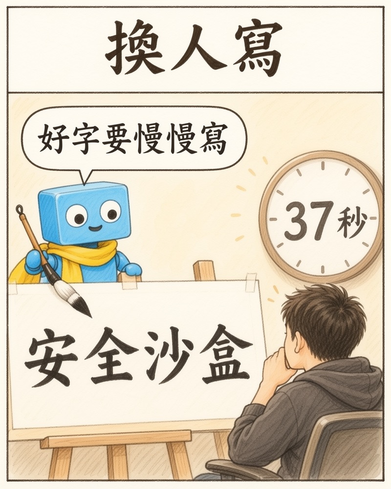 換人寫:藍色機器人 MOSS 寫出正確的「安全沙盒」,時鐘 37 秒,作者托腮等
