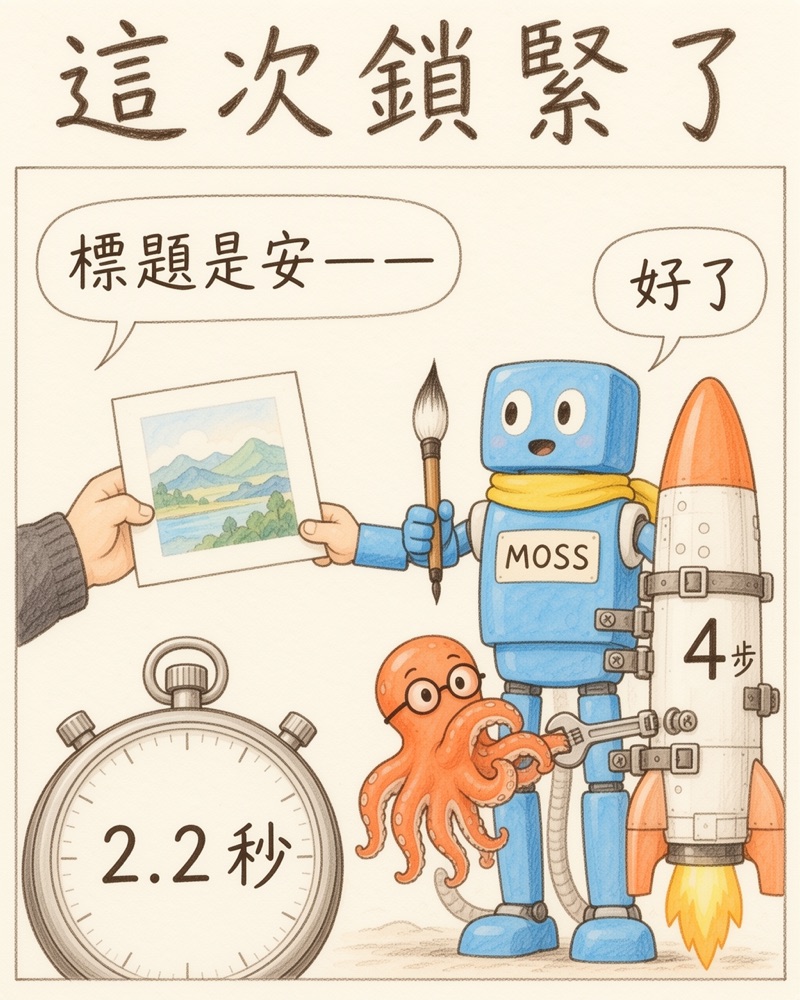 這次鎖緊了:章魚把火箭鎖在 MOSS 背上,作者話還沒說完 MOSS 就畫好,碼錶 2.2 秒
