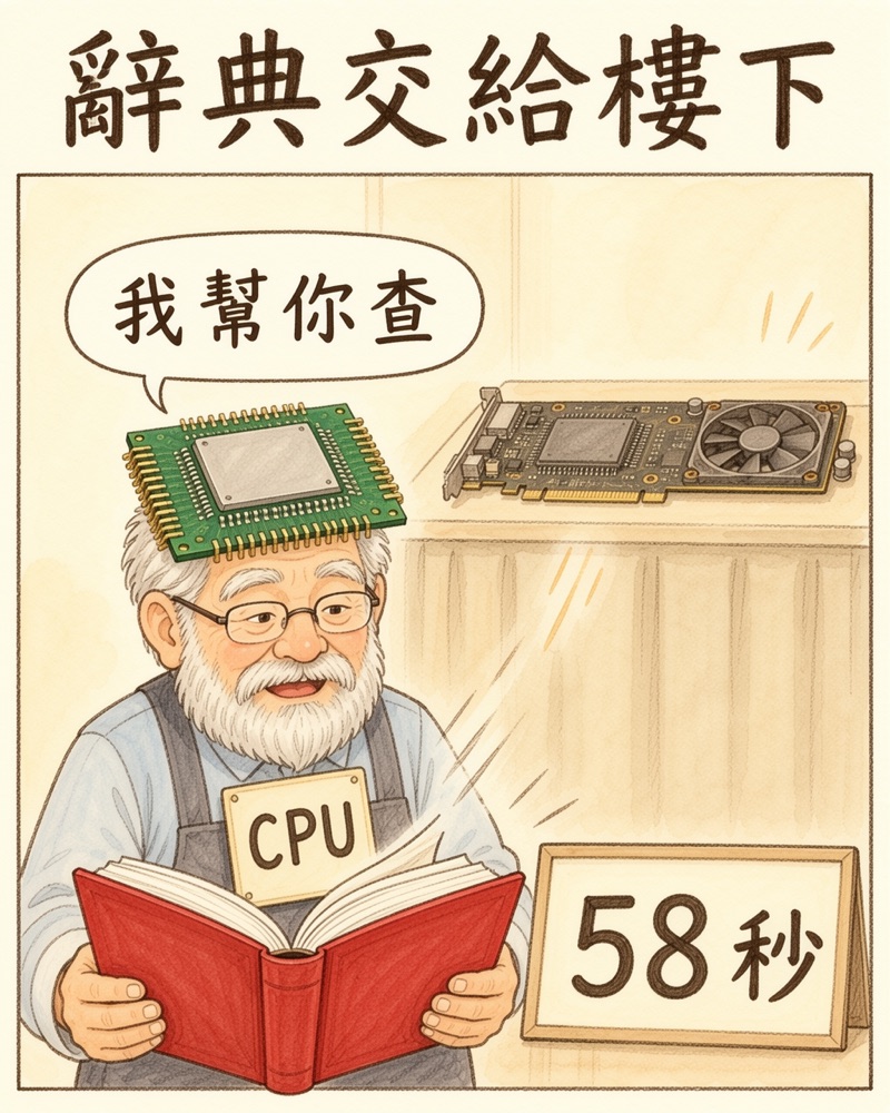 辭典交給樓下:頭戴 CPU 晶片的老伯幫忙查辭典,計時 58 秒
