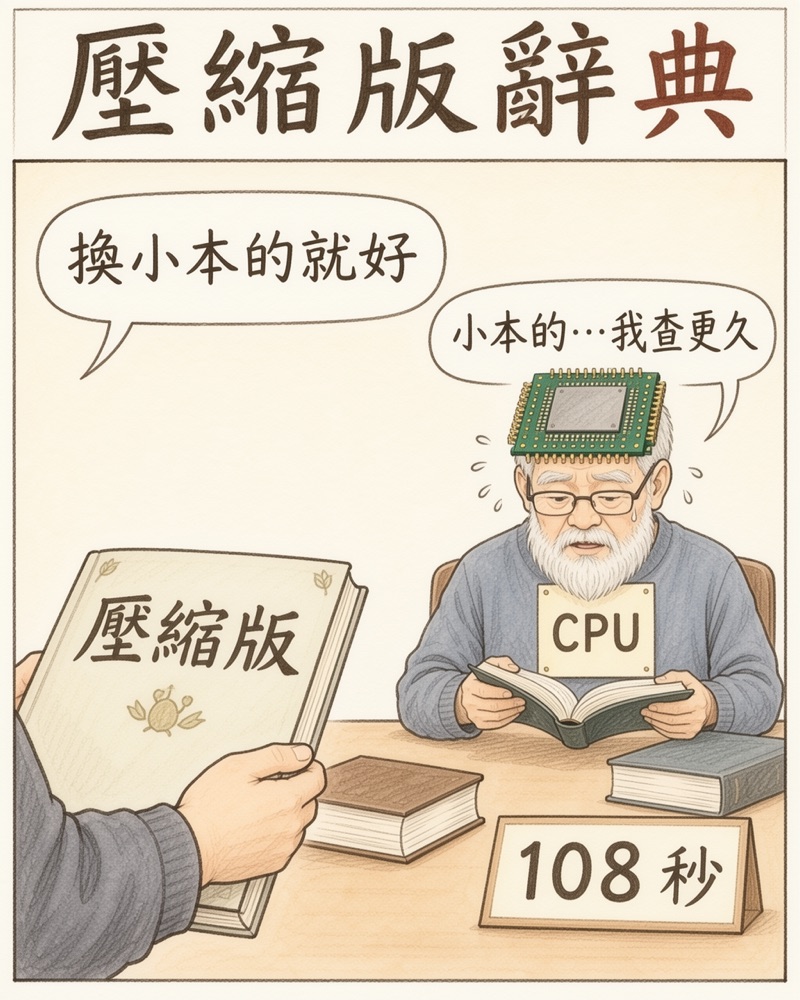 壓縮版辭典:作者遞上壓縮版,CPU 老伯查得滿頭汗,計時 108 秒