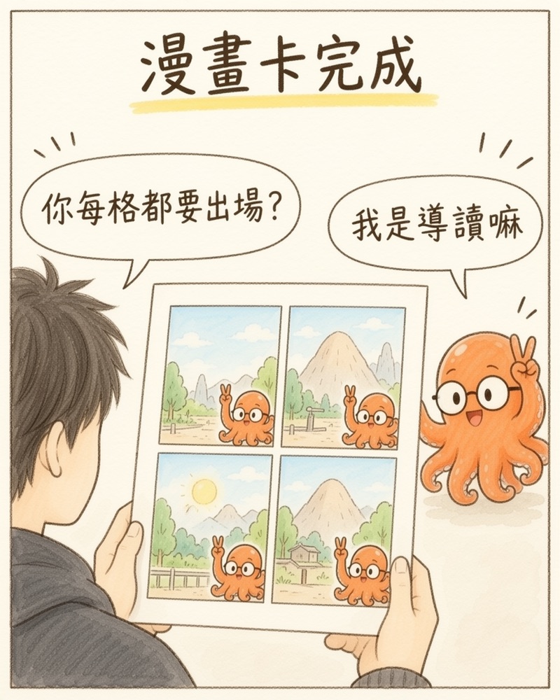 漫畫卡完成:作者看著四格漫畫卡,每格角落都有章魚,章魚說我是導讀嘛