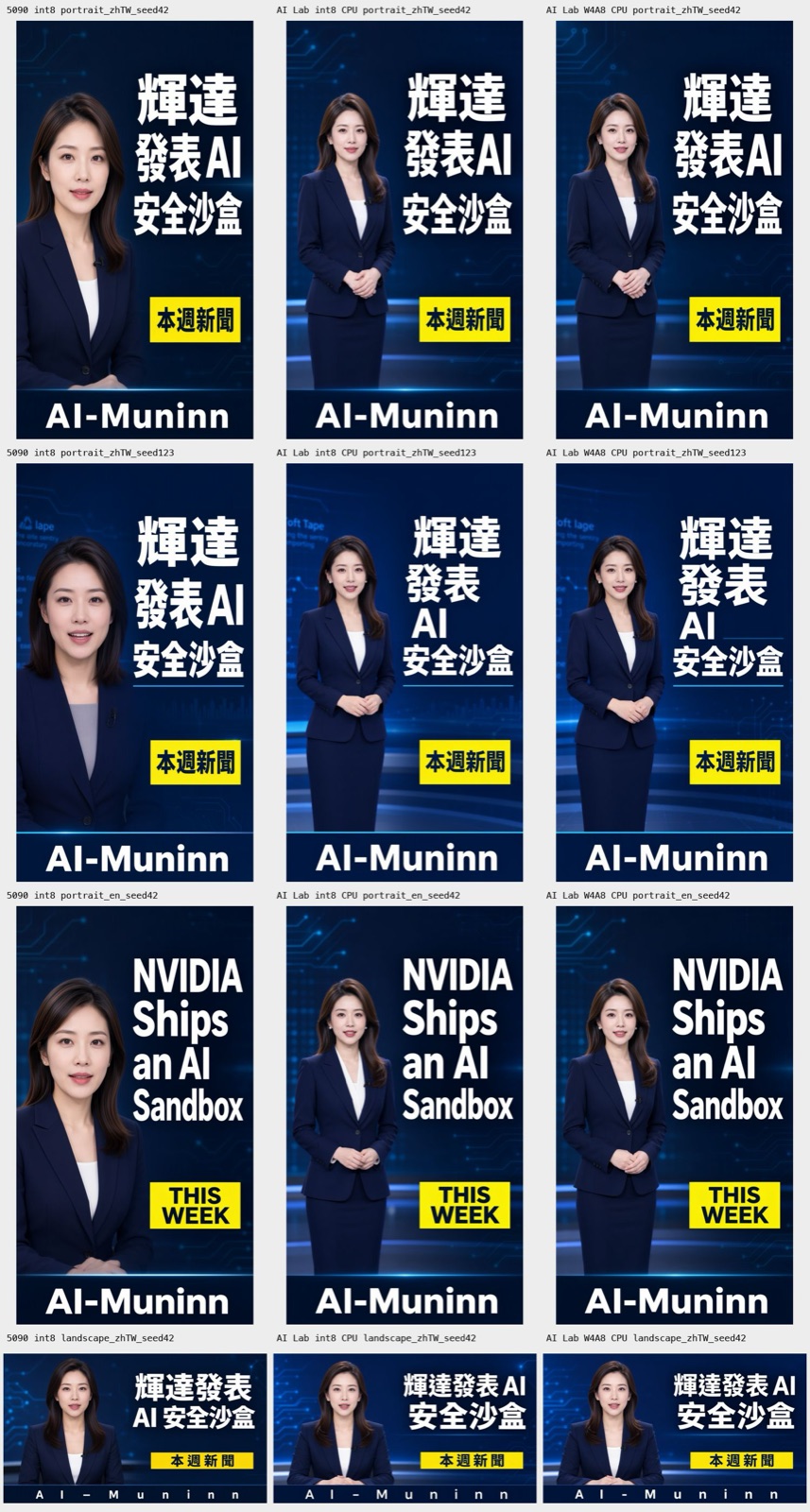 Columns: RTX 5090, 2080 Ti with the int8 text encoder on CPU, 2080 Ti with W4A8 on CPU; same seeds for Chinese portrait, English portrait and Chinese landscape