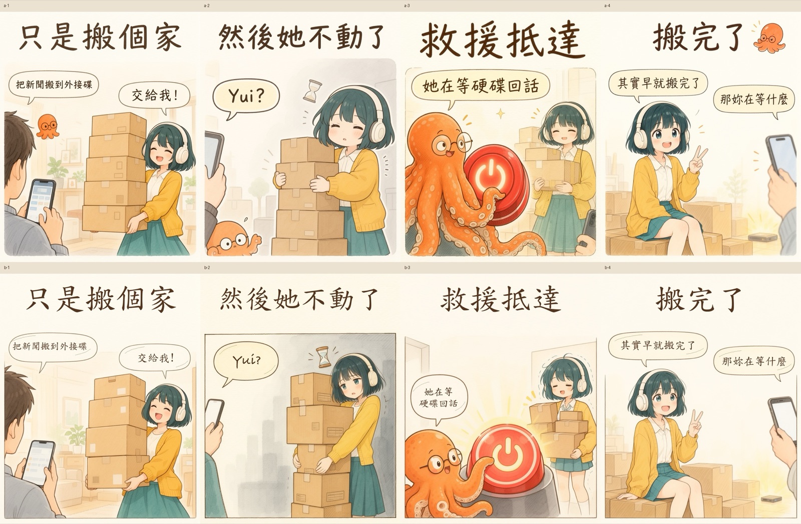 First-round four-panel comic card: top row lettered by MOSS itself, bottom row drawn by MOSS with the text overlaid in Kaiu