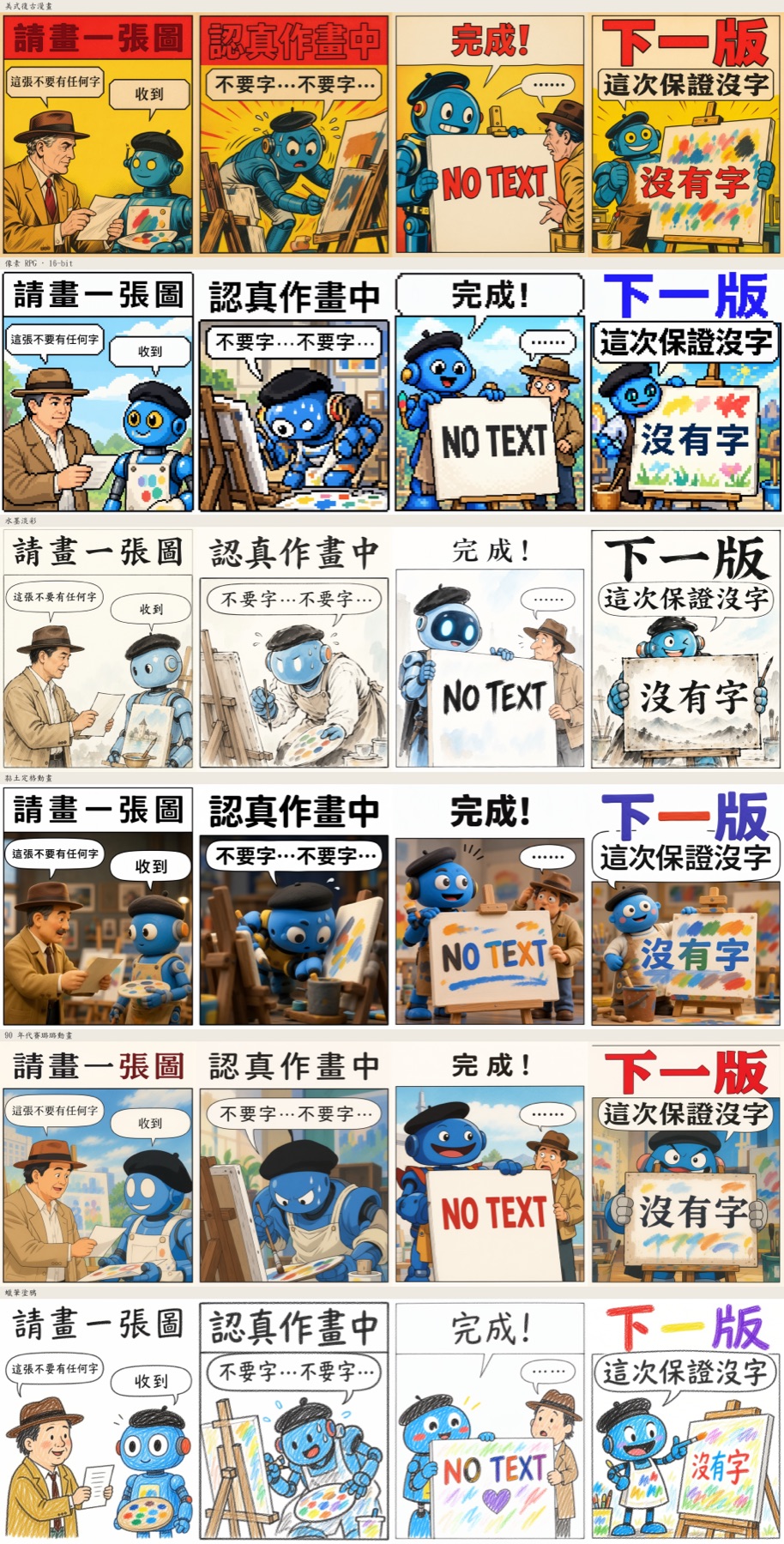 One four-panel story drawn in six styles: American retro, pixel RPG, ink wash, claymation, 90s cel animation, crayon; all 24 panels have the text right