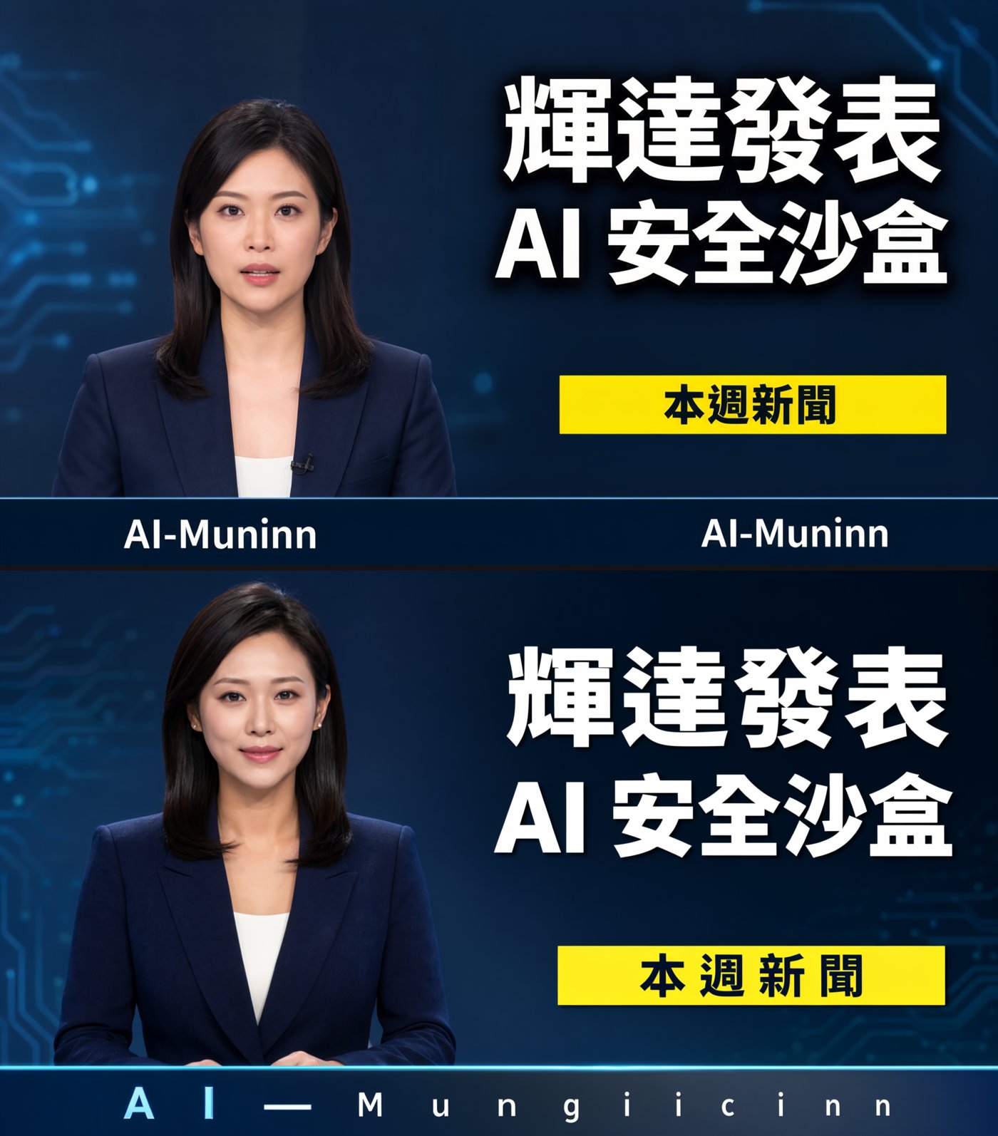 Two MOSS landscape thumbnails: headline and badge correct, but the bottom channel name repeats AI-Muninn in one and becomes AI—Mungiicinn in the other