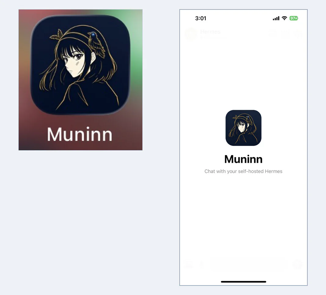 Muninn's app icon (left) and launch/welcome screen (right)