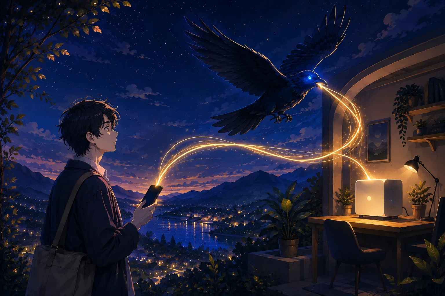 A raven, Muninn, flying between a phone and a computer over an encrypted iroh P2P tunnel with no third party in between