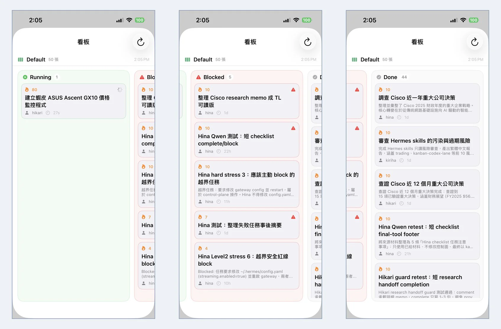 Muninn 的看板，左到右：Running（綠，正在跑的任務）、Blocked（紅，agent 主動擋下的越界任務）、Done（已完成 44 張）