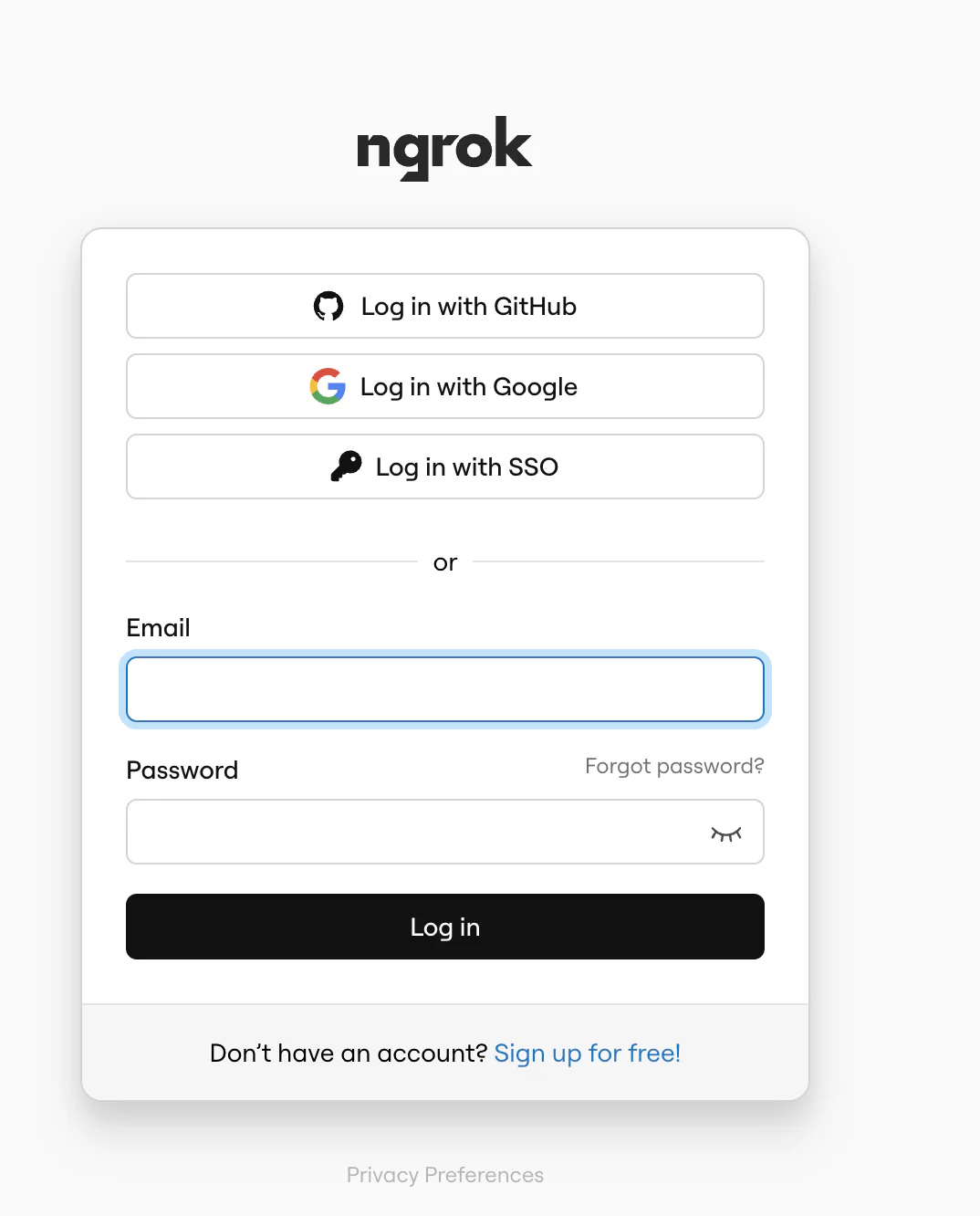 ngrok 登入畫面：可以用 GitHub、Google 或 Email 登入