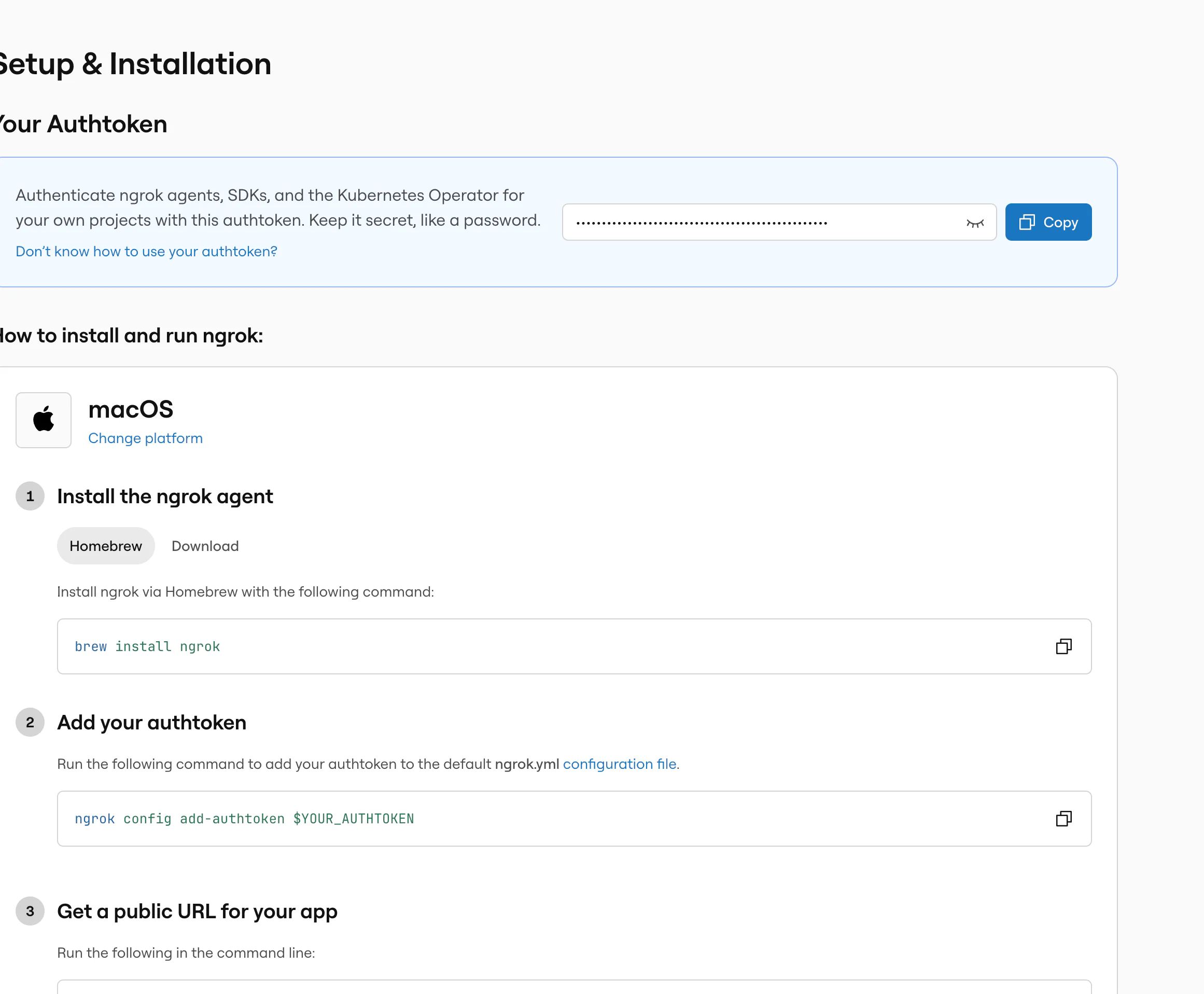ngrok 的 Setup & Installation 畫面：上方是你的 authtoken（按 Copy 複製），下方是 macOS 的安裝指令
