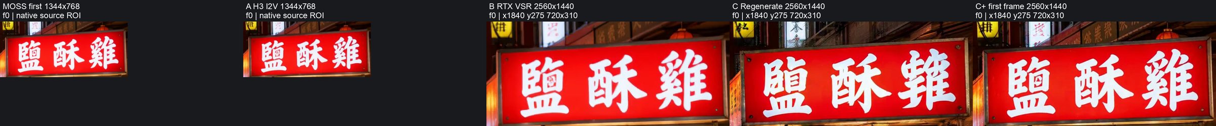 Close-up of the popcorn chicken sign across methods, with plain regenerate turning its first and last characters into fake glyphs