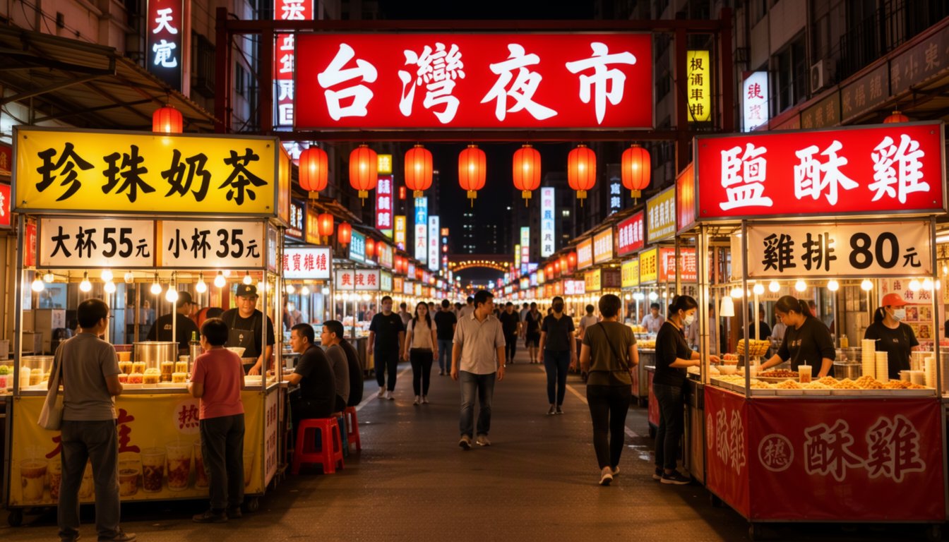 The MOSS-Image first frame of a Taiwanese night market at 1344 by 768, with six signs in correct Traditional Chinese including bubble milk tea, popcorn chicken and the cup prices