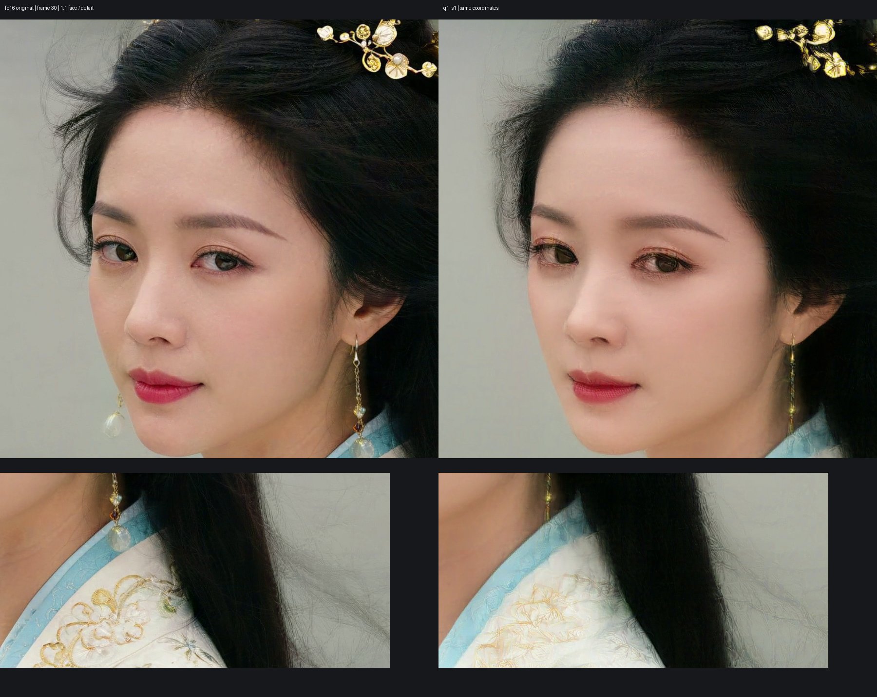 NVFP4 base versus int8 base on the S1 face. The image labels are misleading: the panel labeled fp16 original is the int8 base output, and the panel labeled q1_s1 is the NVFP4 base, which shows double-edged eyelids and flattened skin